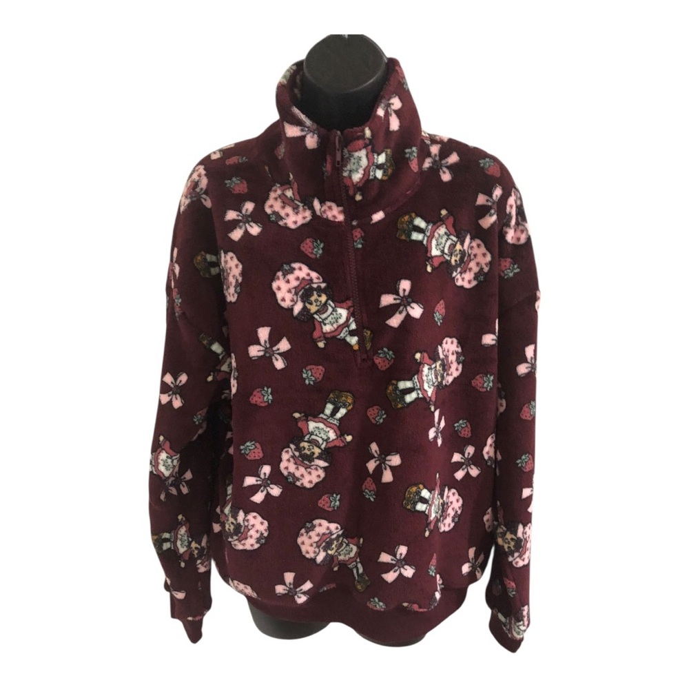 Strawberry shortcake dark red maroon plum fleece zip front jacket size large new